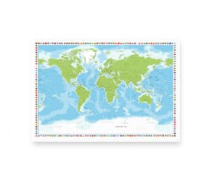 Verdenskort med grønne landmasser, blå oceaner og ramme dekoreret med nationale flag fra hele verden.