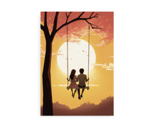 Plakat med silhuet af et par på en gynge foran en stor solnedgang.