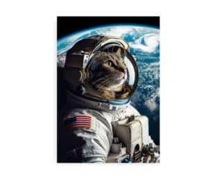 Kat iført astronautdragt foran Jordens baggrund i rummet.