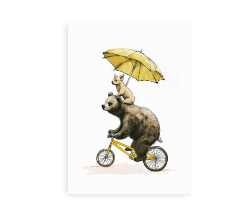 Bear & Dog on Tricycle - Plakat med umage venner