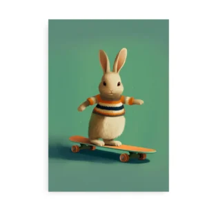 Plakat med motiv af en kanin, der kører på et skateboard.