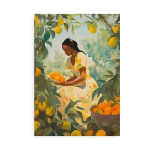 Kunstplakat med motiv af en ung kvinde i plantage med appelsiner og citrusfrugter
