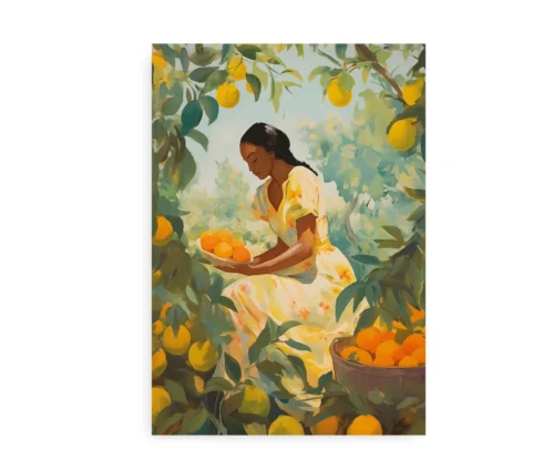 Kunstplakat med motiv af en ung kvinde i plantage med appelsiner og citrusfrugter