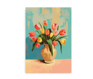 Farverig plakat med tulipaner i en vase på en malerisk baggrund.