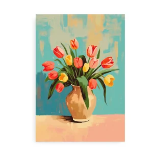 Farverig plakat med tulipaner i en vase på en malerisk baggrund.