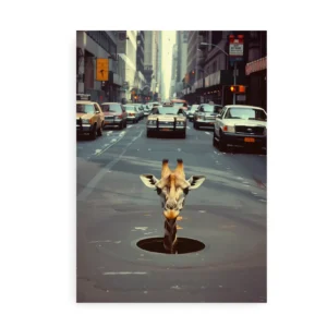 Humoristisk plakat med en giraf, der kigger op fra et hul i midten af en travl storbygade.