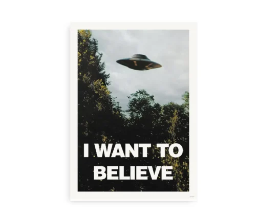 Plakat med teksten 'I Want to Believe' og et UFO-billede fra X-Files.