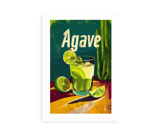 Plakat med retro design af agave cocktail, limefrugter og farverige baggrunde.