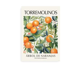 Plakat med illustration af appelsintræer med modne appelsiner og grønne blade, med teksten "Torremolinos".