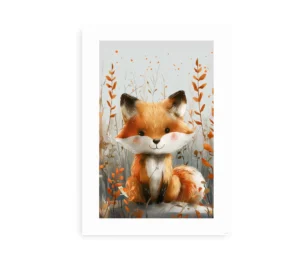 Plakat med illustration af en sød lille ræv omgivet af naturens varme efterårsfarver.