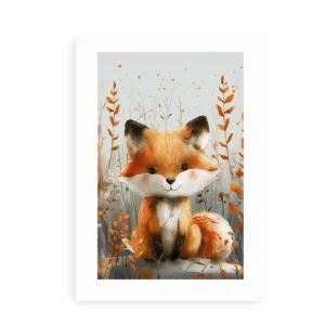 Plakat med illustration af en sød lille ræv omgivet af naturens varme efterårsfarver.