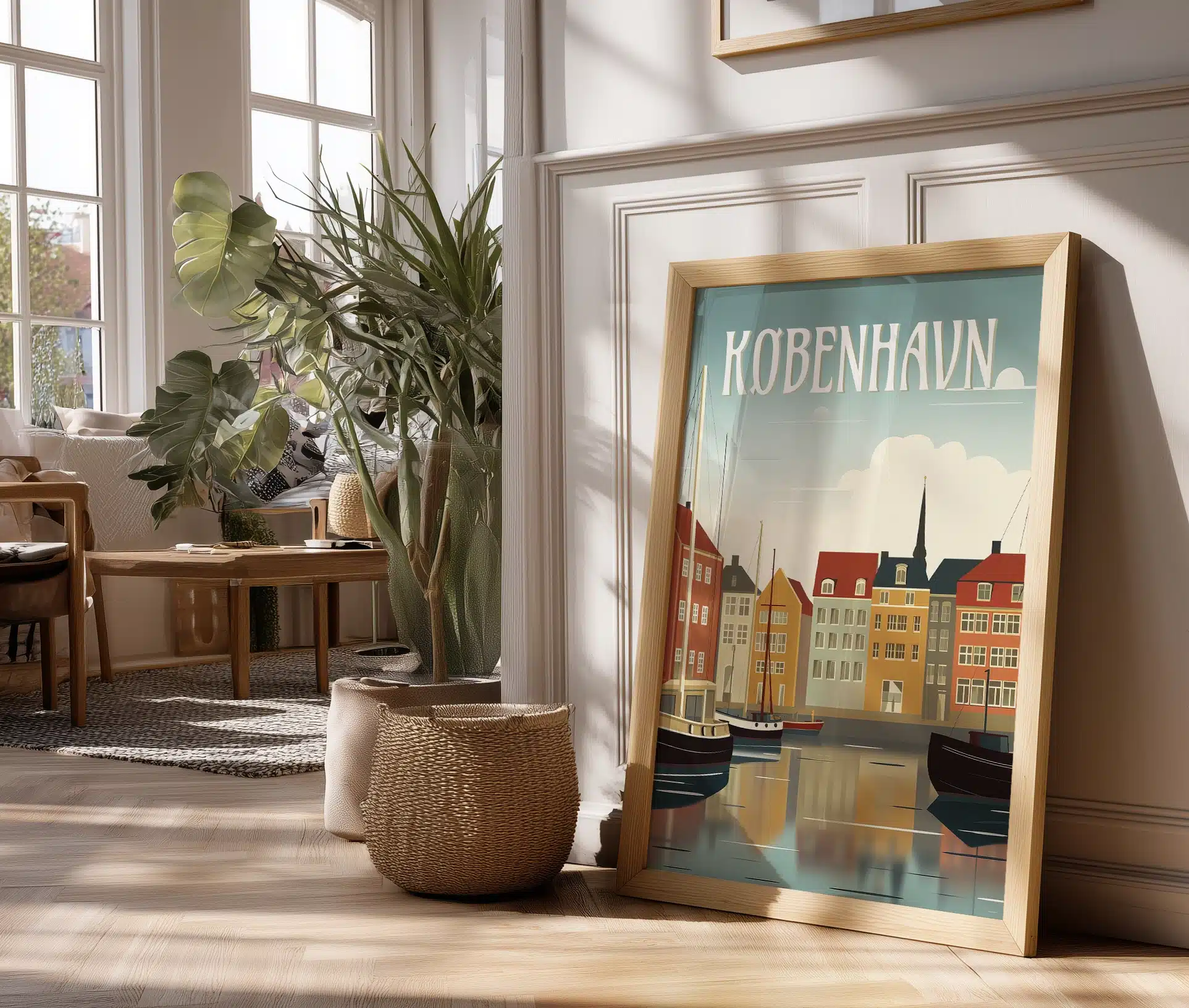 Plakat med Nyhavn motiv i ramme, placeret i lyst hjem