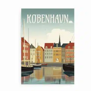 Plakat med både og farverige huse i Nyhavn, København