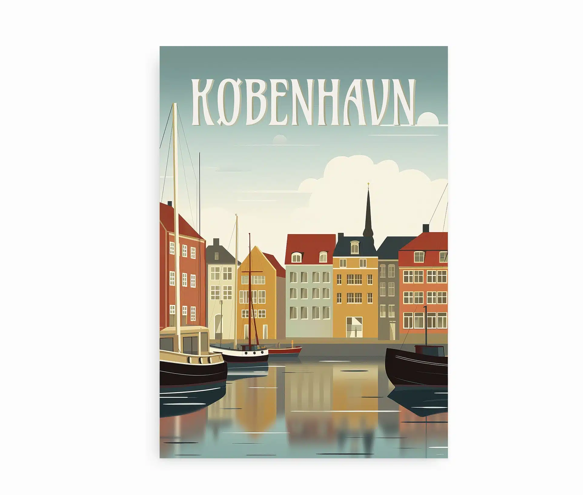 Plakat med både og farverige huse i Nyhavn, København