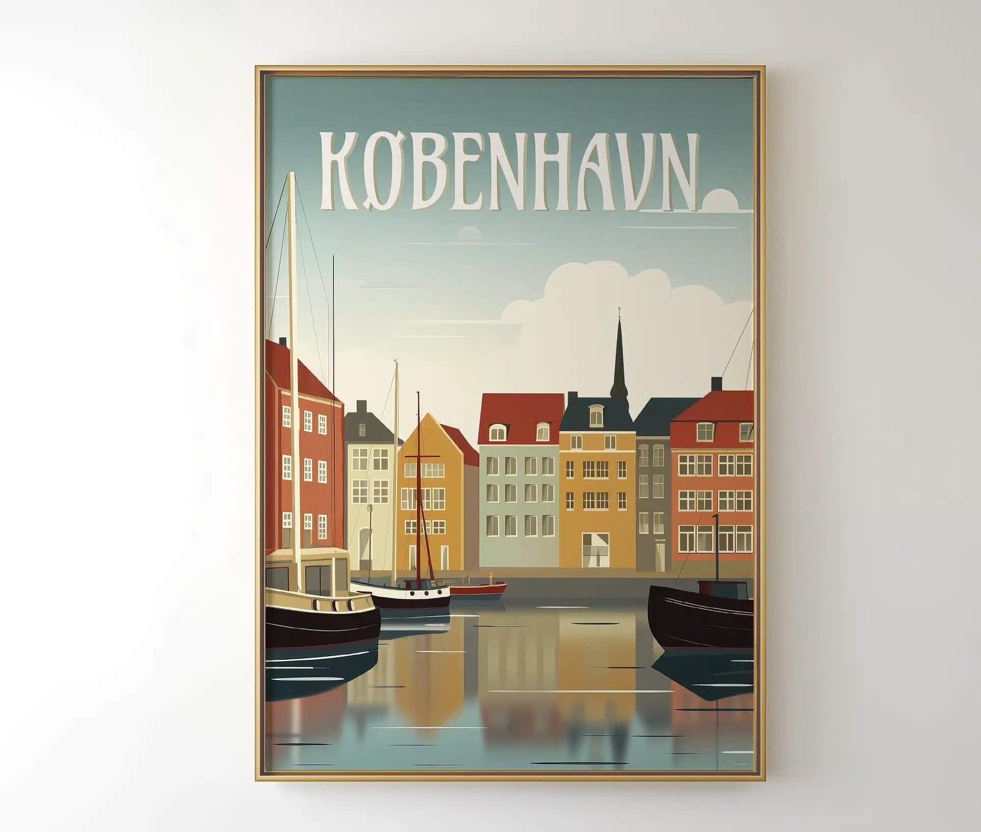 København plakat i ramme med motiv af Nyhavns huse og både