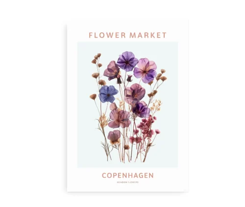 Kunstplakat med blomsterbuket og tekst 'Flower market Copenhagen'.