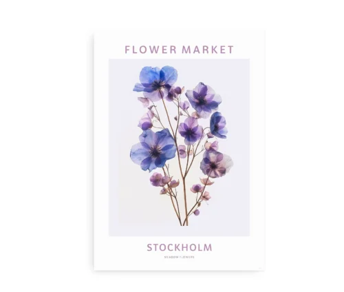 Elegant flower market stockholm plakat med blå og lilla blomster på en minimalistisk baggrund.