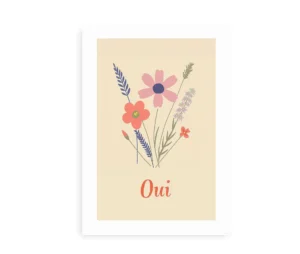 Blomstret plakat med teksten "oui" og forskellige farverige blomster på en lys beige baggrund.