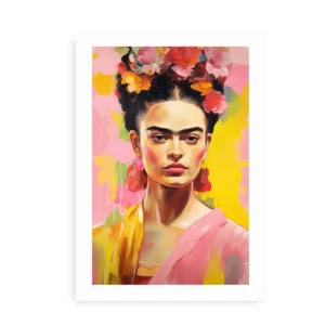 Kunstnerisk portræt af en kvinde med blomster i håret, malet i klare farver med en pink og gul baggrund.