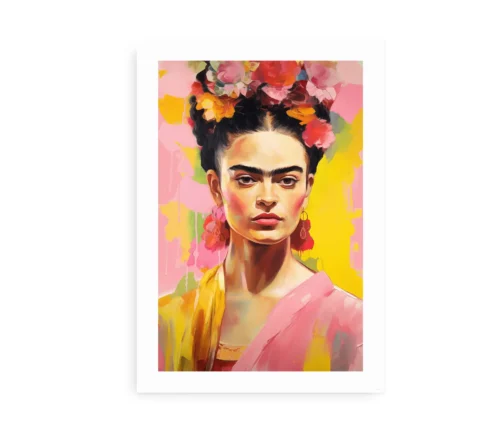 Farverig kunstplakat af Frida Kahlo i pink.