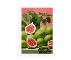 Illustreret plakat af grønne guavafrugter med pink indre, omkranset af grønne blade på en lyserød baggrund.