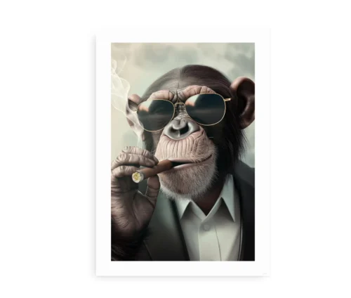 Gangster chimp kunstplakat med en chimpanse, der ryger cigar og bærer solbriller.