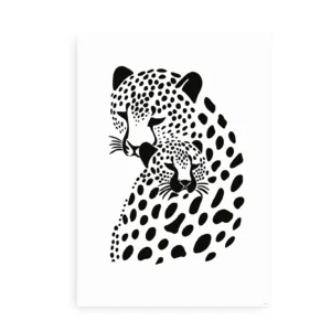 Sort-hvid plakat med en illustration af to leoparder tæt på hinanden.