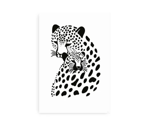 Sort-hvid plakat med en illustration af to leoparder tæt på hinanden.