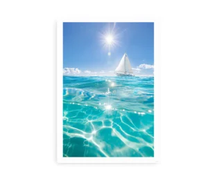 Kunstplakat med sejlskib og havbølger under en solrig himmel.