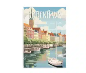 Plakat med både og farverige huse langs Københavns kanaler