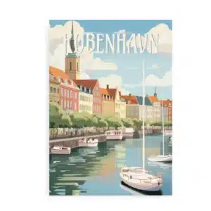 Plakat med både og farverige huse langs Københavns kanaler