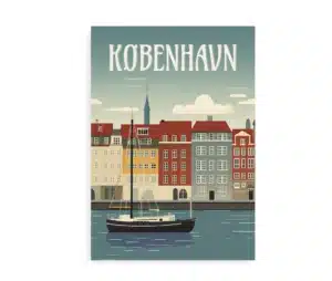 Plakat med båd og farverige bygninger fra København
