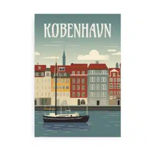 Plakat med båd og farverige bygninger fra København