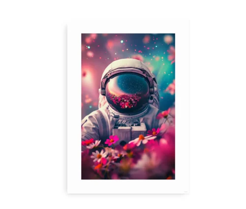 Plakat med astronaut i blomstereng, omgivet af farverige blomster og en stjernestrøet baggrund.