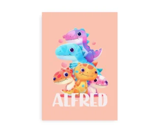 Farverig navneplakat med søde dinosaurer i forskellige farver på en lyserød baggrund, med plads til at tilføje dit barns navn.