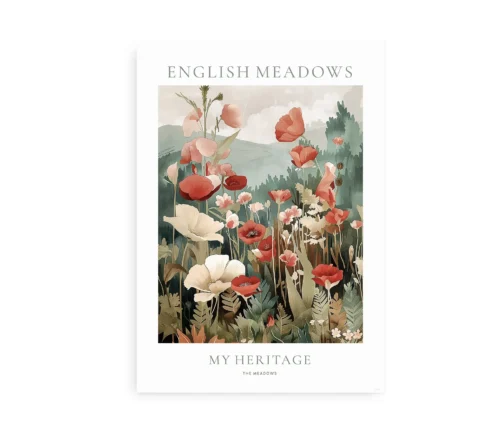 Plakat med farverige blomster og teksten "English Meadows" og "My Heritage."