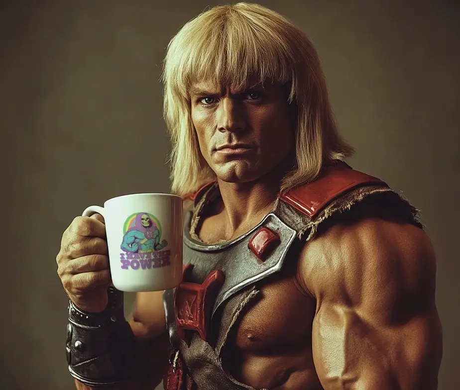 He-Man holder et hvidt krus med et Skeletor-design og teksten "I Have The Power."