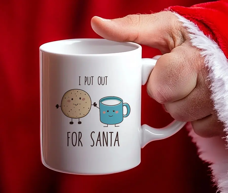 Julekrus med teksten "I Put Out For Santa" og illustrationer af en kiks og en kop kakao, holdt af en hånd i julemandsdragt.