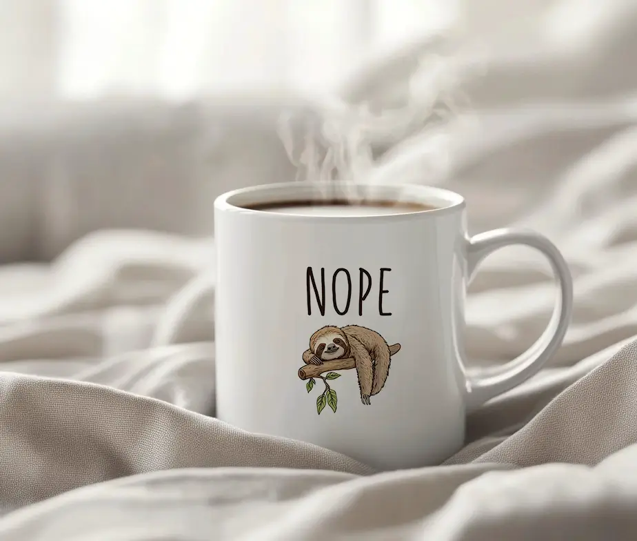 Hvidt krus med dovendyr illustration og teksten "Nope," fyldt med varm kaffe.