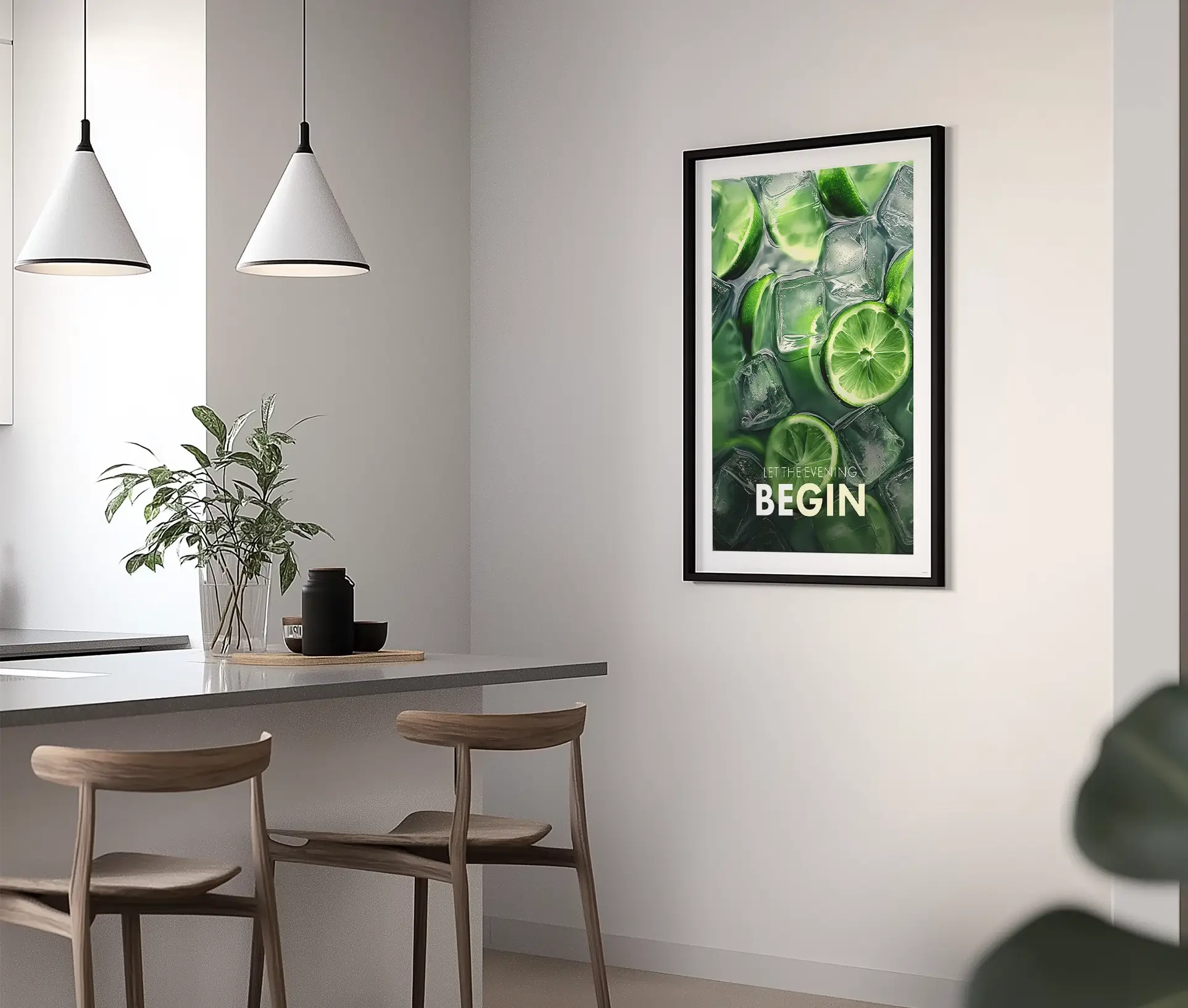 Elegant køkkenindretning med cocktail plakat, der viser limeskiver og isterninger samt teksten "Let the Evening Begin".