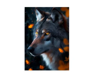 Plakat med en ulv med intense gule øjne i en mørk skov med orange blade.