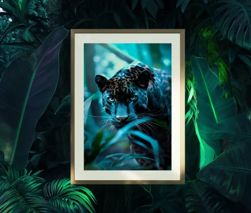 Leopard plakat hængende på en væg omgivet af tropiske planter.