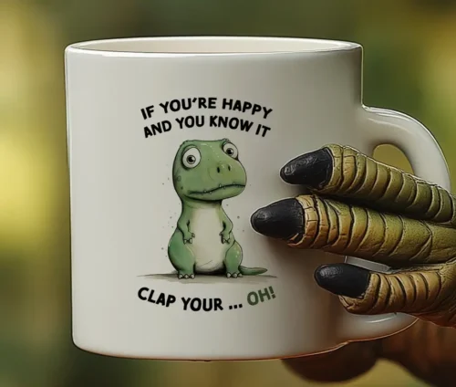 En T-Rex-hånd holder et krus med en tegnet T-Rex og teksten "If You're Happy and You Know It, Clap Your... Oh!"