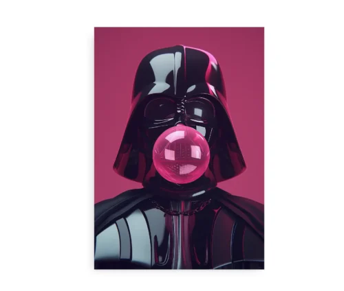 Plakat af Darth Vader, der blæser en pink tyggegummiboble, mod en lyserød baggrund.