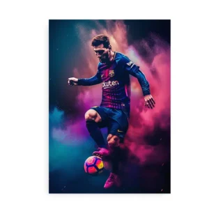 Lionel Messi i FC Barcelona-trøje, afbildet i aktion på en plakat med dynamiske farverige røg-effekter.