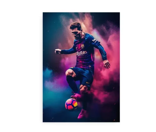 Lionel Messi i FC Barcelona-trøje, afbildet i aktion på en plakat med dynamiske farverige røg-effekter.