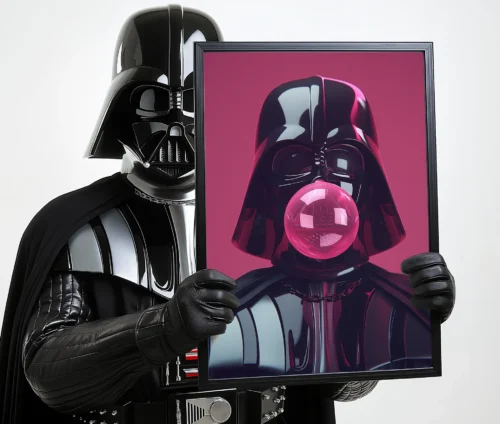 En person klædt som Darth Vader holder en indrammet plakat af sig selv, hvor han blæser en pink tyggegummiboble.