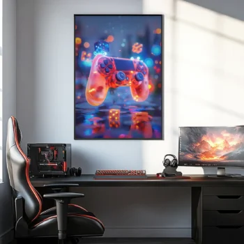 Plakat af en gaming controller med neonfarver hænger over et moderne gaming-setup i et stilrent gamer-rum.