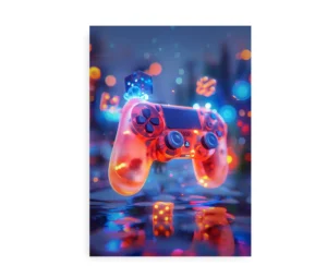 Plakat af en neonbelyst gaming controller svævende i et farverigt univers med terninger og lysglimt.
