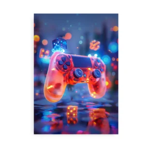 Plakat af en neonbelyst gaming controller svævende i et farverigt univers med terninger og lysglimt.